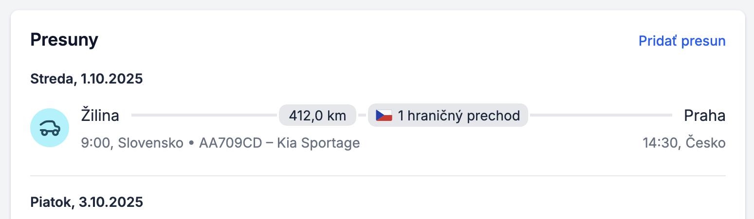 Zoznam presunov pracovnej cesty