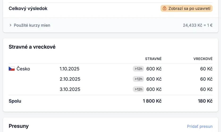 Zoznam stravného na každý deň vo vyúčtovaní