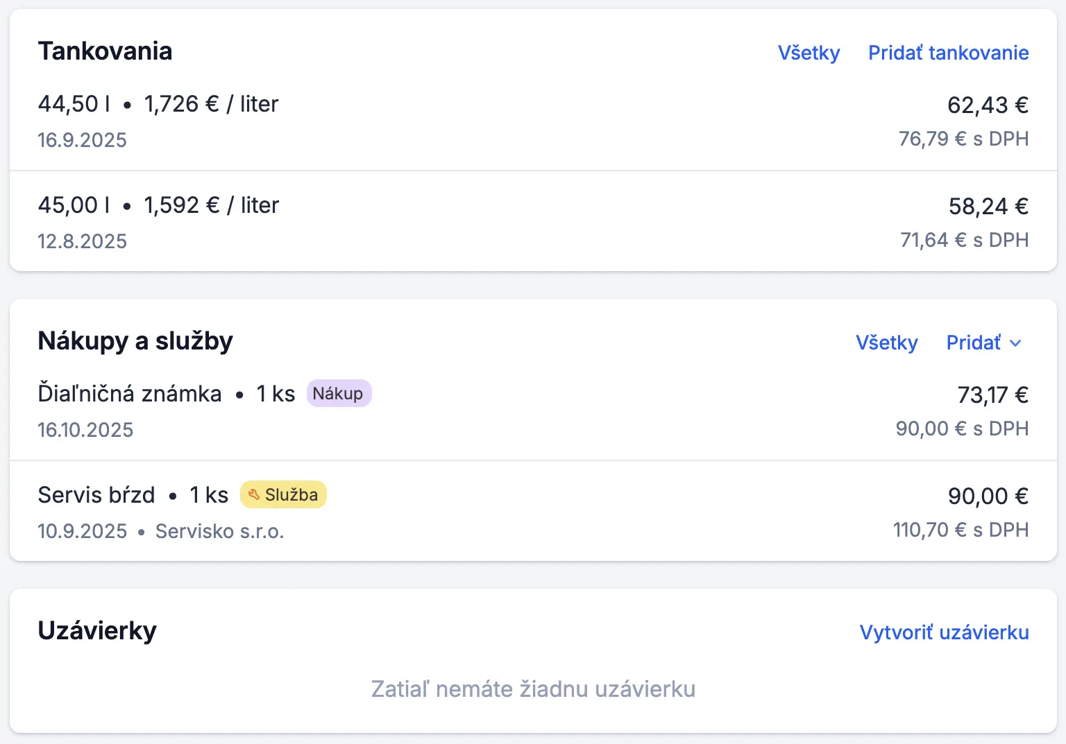 Zoznam tankovaní a nákupov